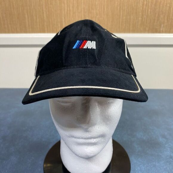 BMW M Series White Stripes Embroidered Logo M3 M5 Strapback Baseball Hat Black - Picture 1 of 7